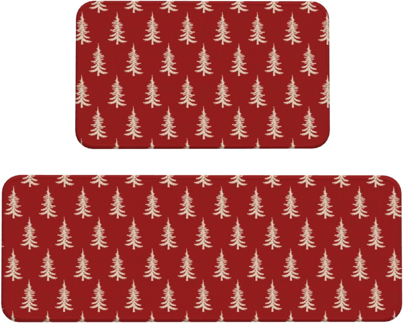 Red Christmas Kitchen Mats Set of 2 Cream Xmas Tree Print Winter Holiday Kitchen Rugs for Floor Home Decor Low-Profile Mats,17x29 and 17x47 Inch Red Christmas Tree
