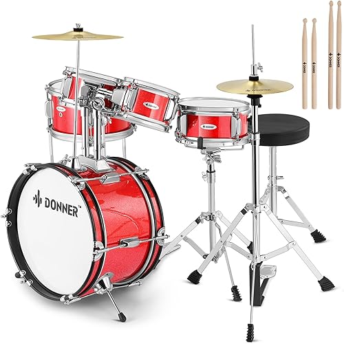 Miniatura 9 de Donner - Juego de batería infantil de 5 piezas para principiantes, kit de batería junior de 14 pulgadas, con trono ajustable, platillo, Hi-Hat, Rojo