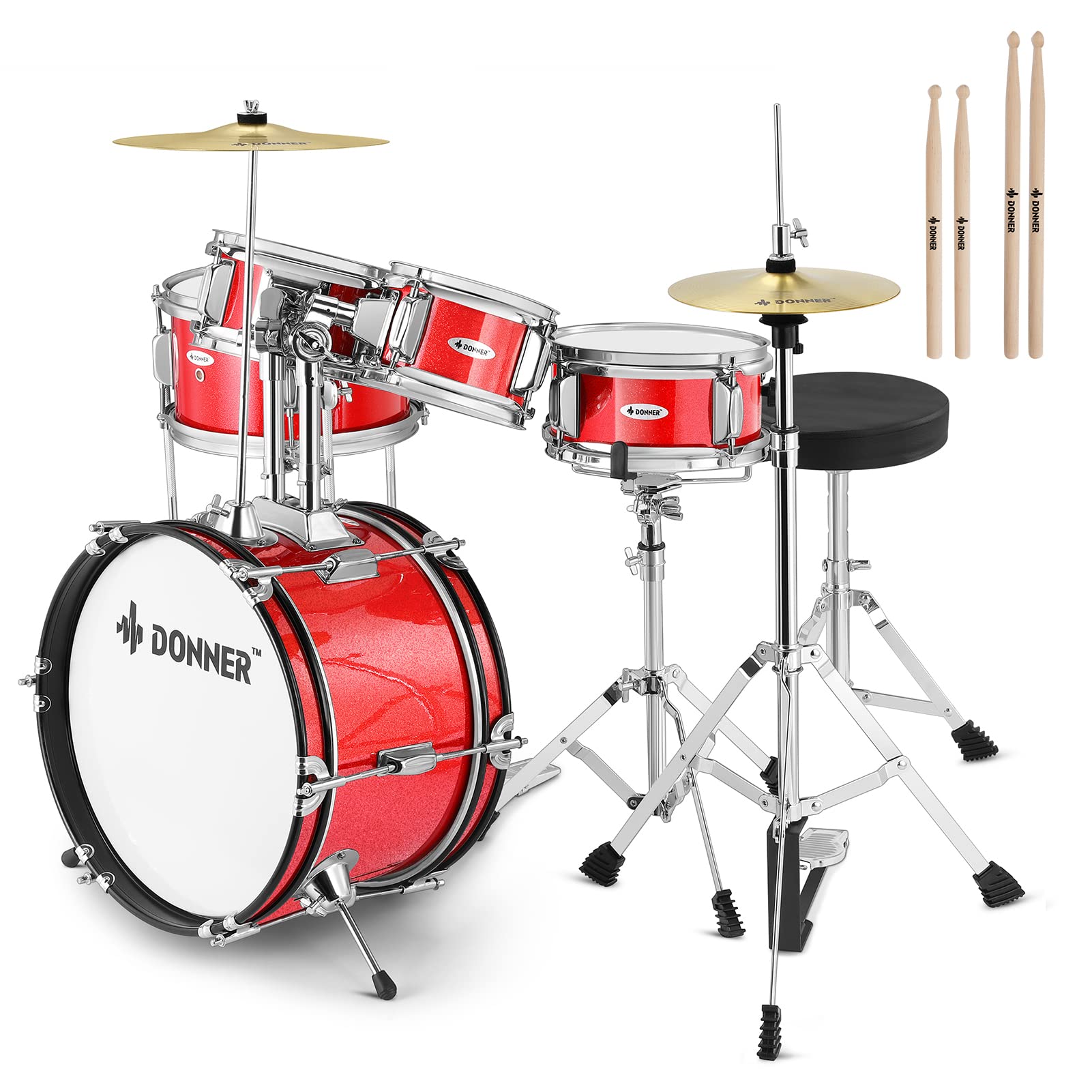 Juego de batería infantil de 5 piezas para principiantes, kit de batería junior de 14 pulgadas, con trono ajustable, platillo, Hi-Hat, pedal y baqueta, rojo 9
