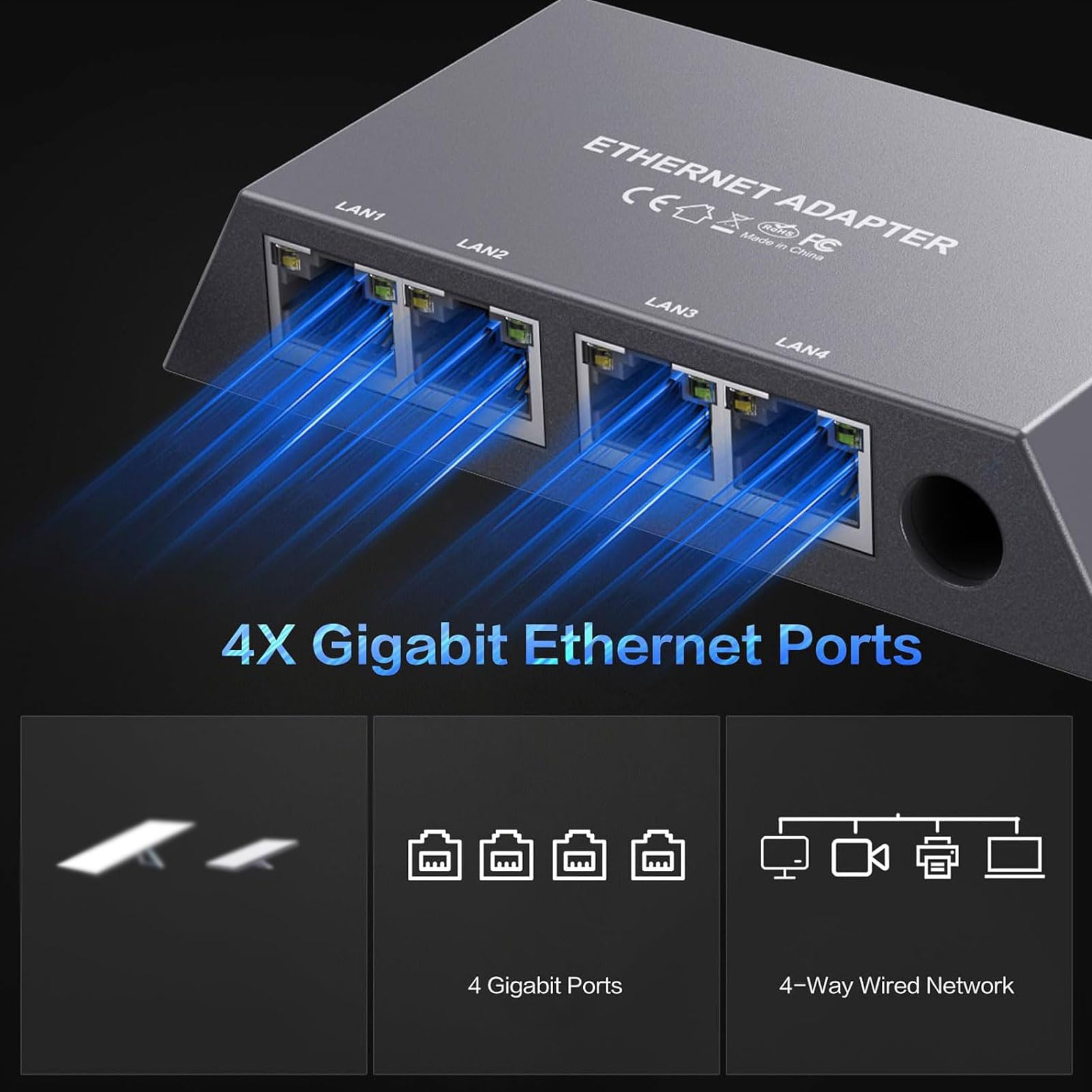 Ejoyous Adapter Gigabit Ethernet, 4-portowy Konwerter Sieci LAN z obudową ABS i Kablem 0,5 M, Stabilny Przewodowy Internet Typu Plug and Play dla Routera RV Mini Gen 3 Home Office