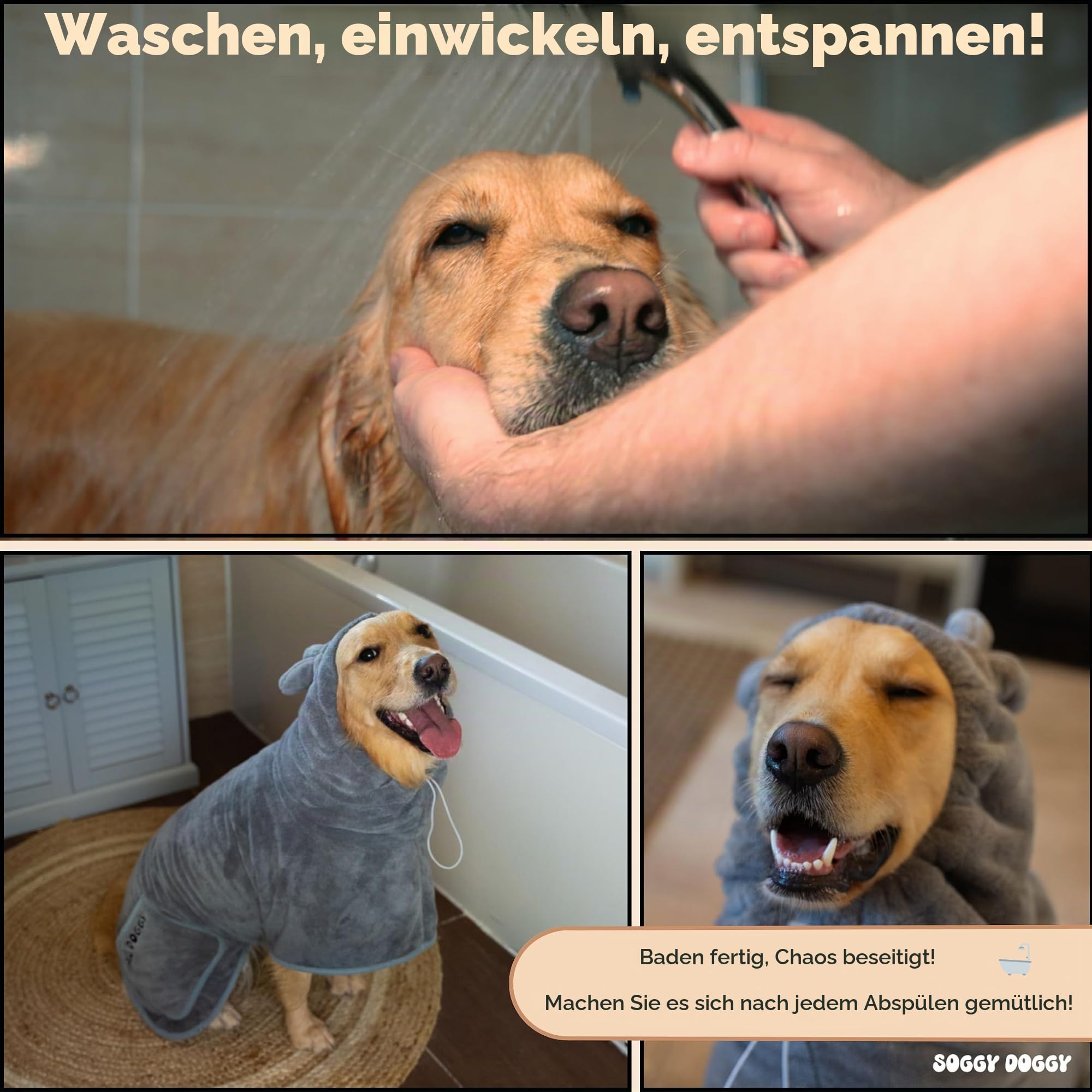 Verstellbarer Mikrofaser-Hundemantel, schnelltrocknend, supersaugfähiges Handtuch mit Taschen, XS-XL, luxuriöser Hunde-Bademantel für Hunde, Größe L