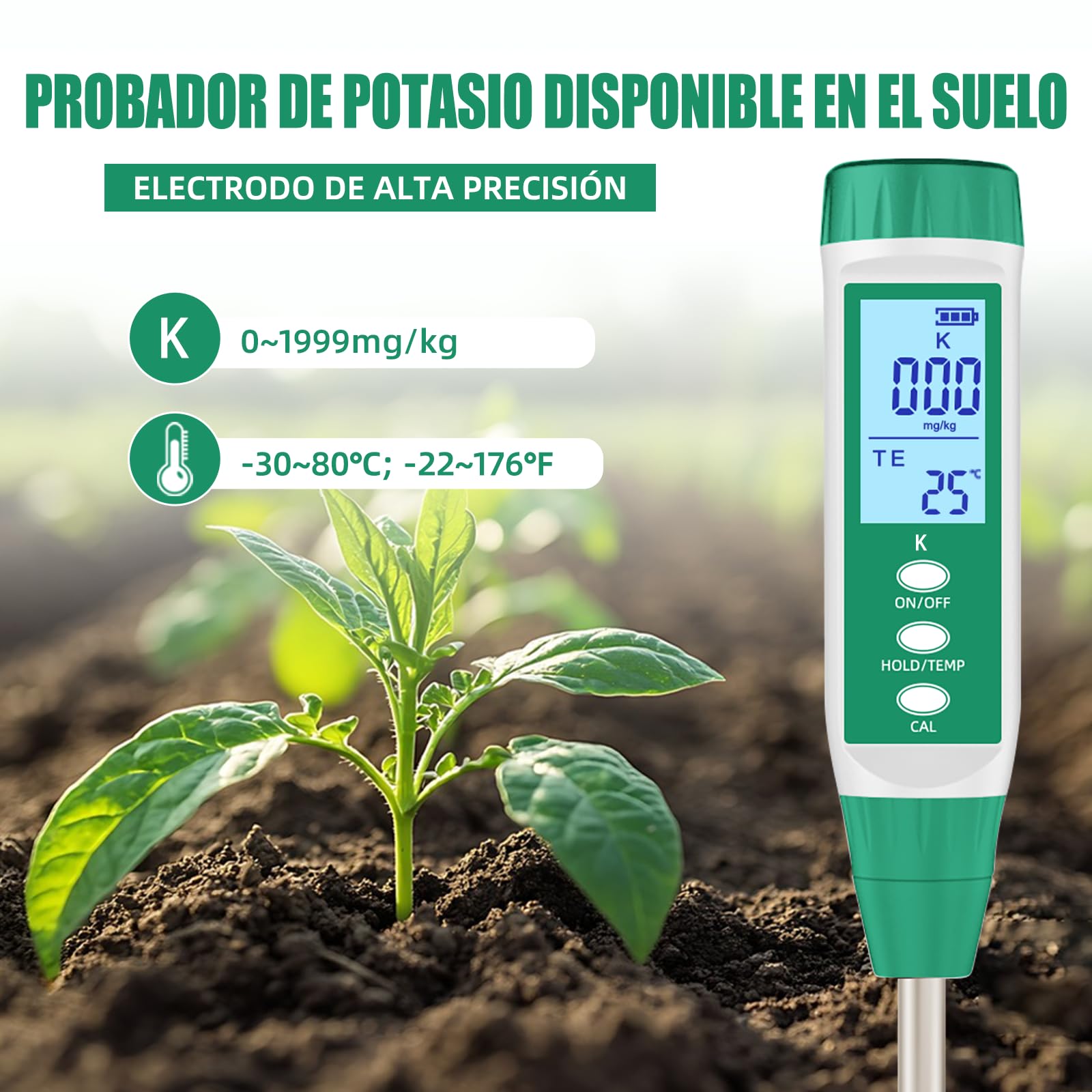 Digitales Potassium Bodentester für Gärtner, Potassium Messgerät Erde für Outdoor/Indoor, Pflanzenerde, Garten, Bauernhof, Rasen, Gemüsegarten, Hydroponik