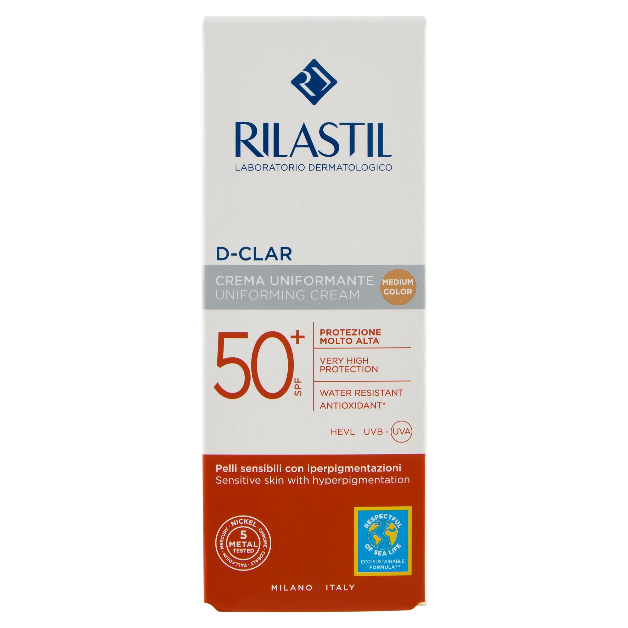 Rilastil D-Clar Crema Colorata Viso, Azione Depigmentante e Uniformante per Pelli Sensibili, SPF 50+, Medium, Confezione da 40 ml