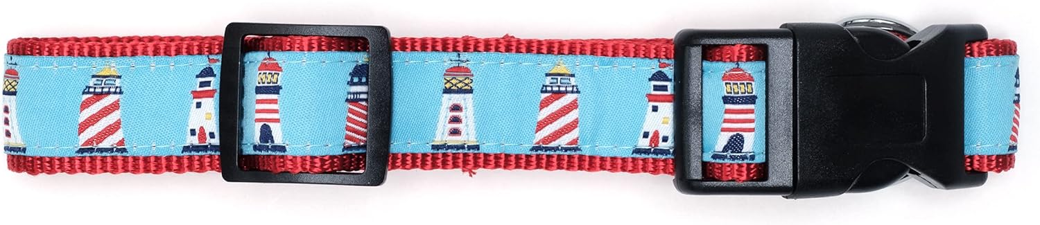 THE WORTHY DOG Spring Holiday Lighthouses Dog Collar – Durable Nylon, Woven Ribbon, Quick-Release Buckle, Nickel D-Ring – Blue, Small