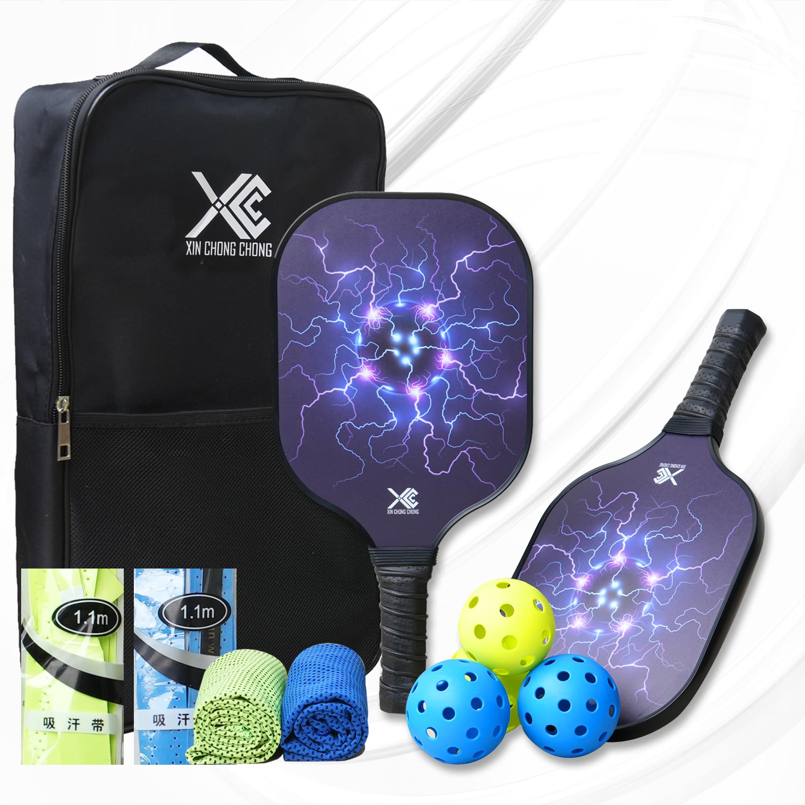 XCC XIN CHONG CHONG Pickleball Paddles Lightweight Fiberglass Pickleball Paddles Set of 2,Contains 4 Pickleball Ball,1 Portable Bag,2 Cooling Towels,2 Grip Tapes