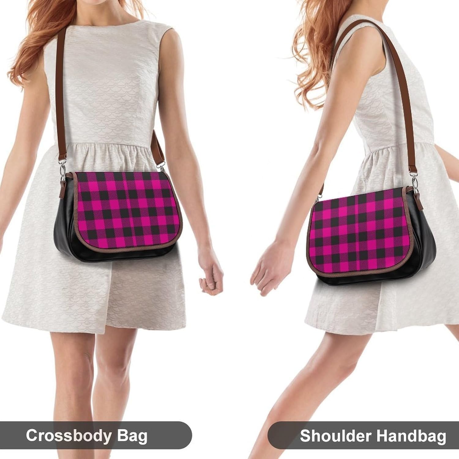 Hot Pink PlaidWomen's Faux Leather Crossbody Bag, Waterproof Wrinkle-Resistant Shoulder Bag with Detachable Strap, Large Capacity Casual Handbag, Fashion Daily Purse for Shopping Work Dating, Ideal Gi