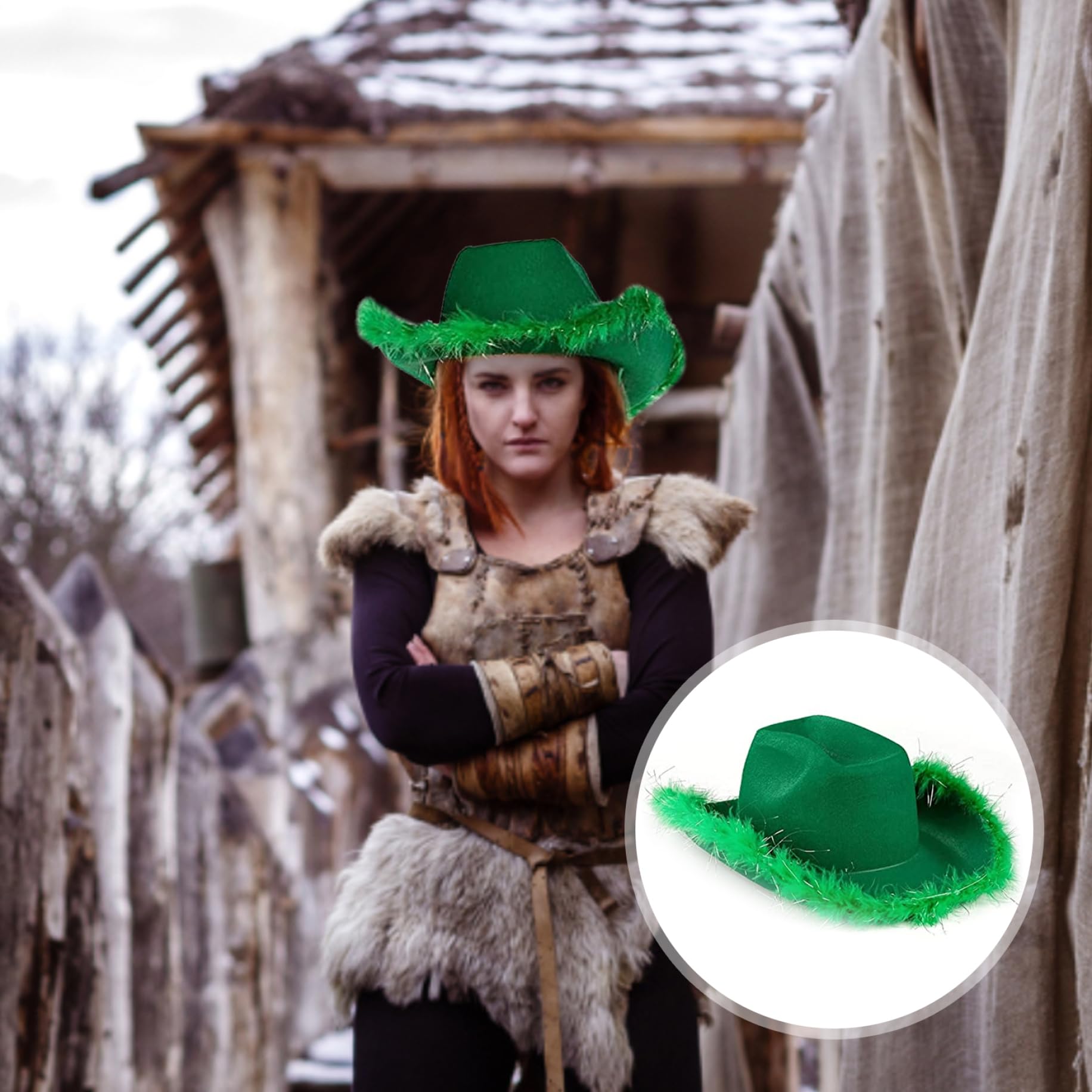 Grüner Glitzer Cowgirl Hut – Weitkrempig, Western-Party-Accessoire Mit Pelzrand