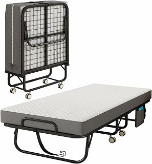 VKXK Folding Bed with 4" Memory Foam Mattress, 75x31" Portable Cot Rollaway Guest Bed for Adults, Metal Frame, Side Storage, 350lbs Capacity
