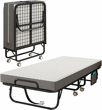 Folding Bed with Mattress for Adults, 75" x 31"Portable Cot-Size Rollaway Bed, Metal Frame Foldable Guest Bed with Memory Foam Mattress,Deluxe Single Beds with Side Storage Pocke