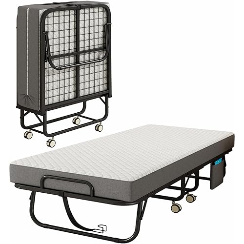 Folding Bed with Mattress for Adults, 75" x 31"Portable Cot-Size Rollaway Bed, Metal Frame Foldable Guest Bed with Memory Foam Mattress, Foldawaybed with Side Storage Pocket