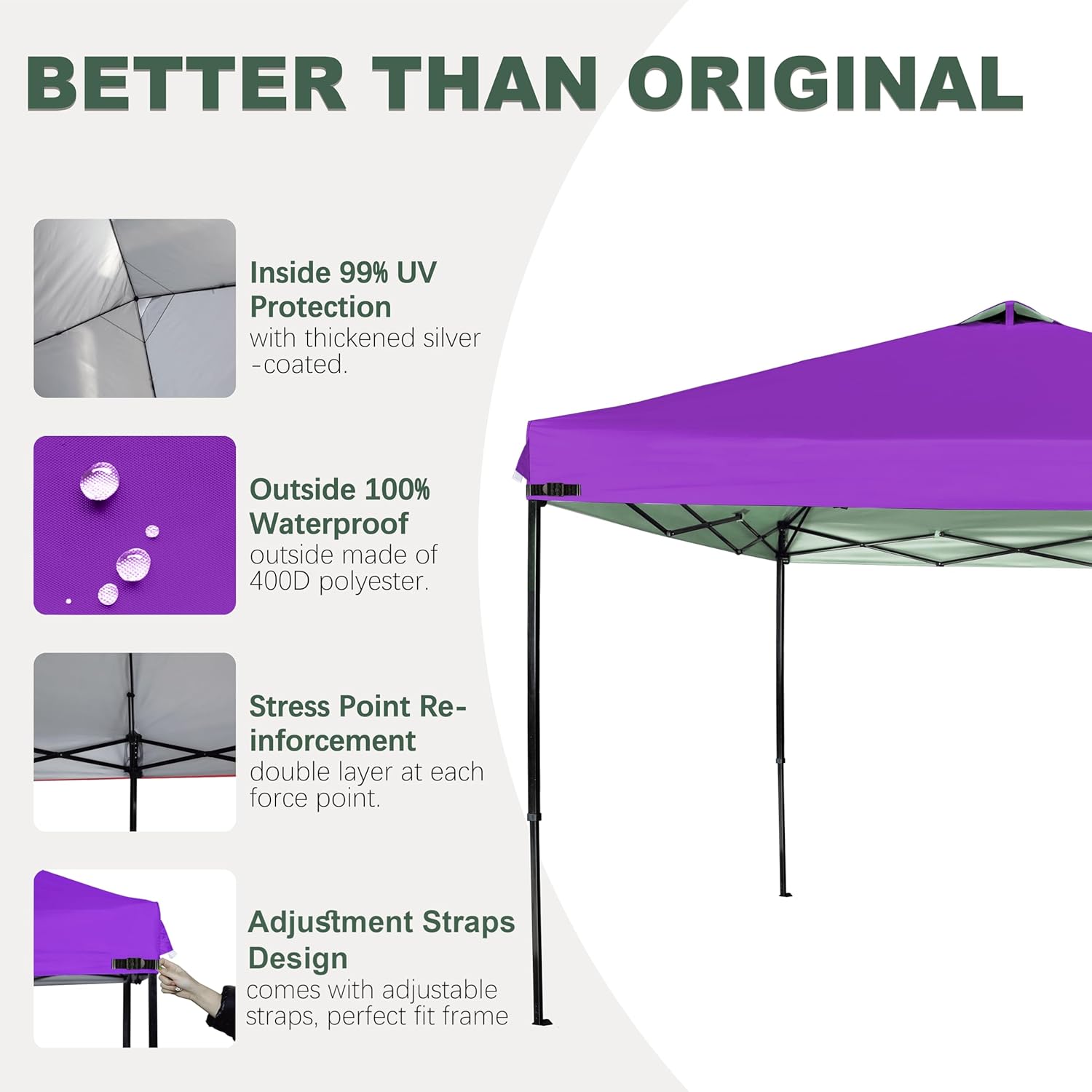 2PCS Canopy Replacement Top Silver Coated with Air Vent Upgraded Adjustable Straps for Most 10x10 Straight Leg Frame (Purple)