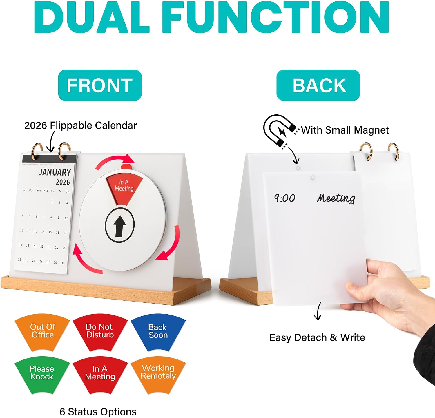 Office Status Sign for Desk 3-in-1 Rotating Meeting Indicator, 2026 Monthly Desktop Calendar with Acrylic Dry Erase Whiteboard, Flat Solid Wood Base, Aesthetic WFH Decor & Office Gift, 10.7x3.7 Black