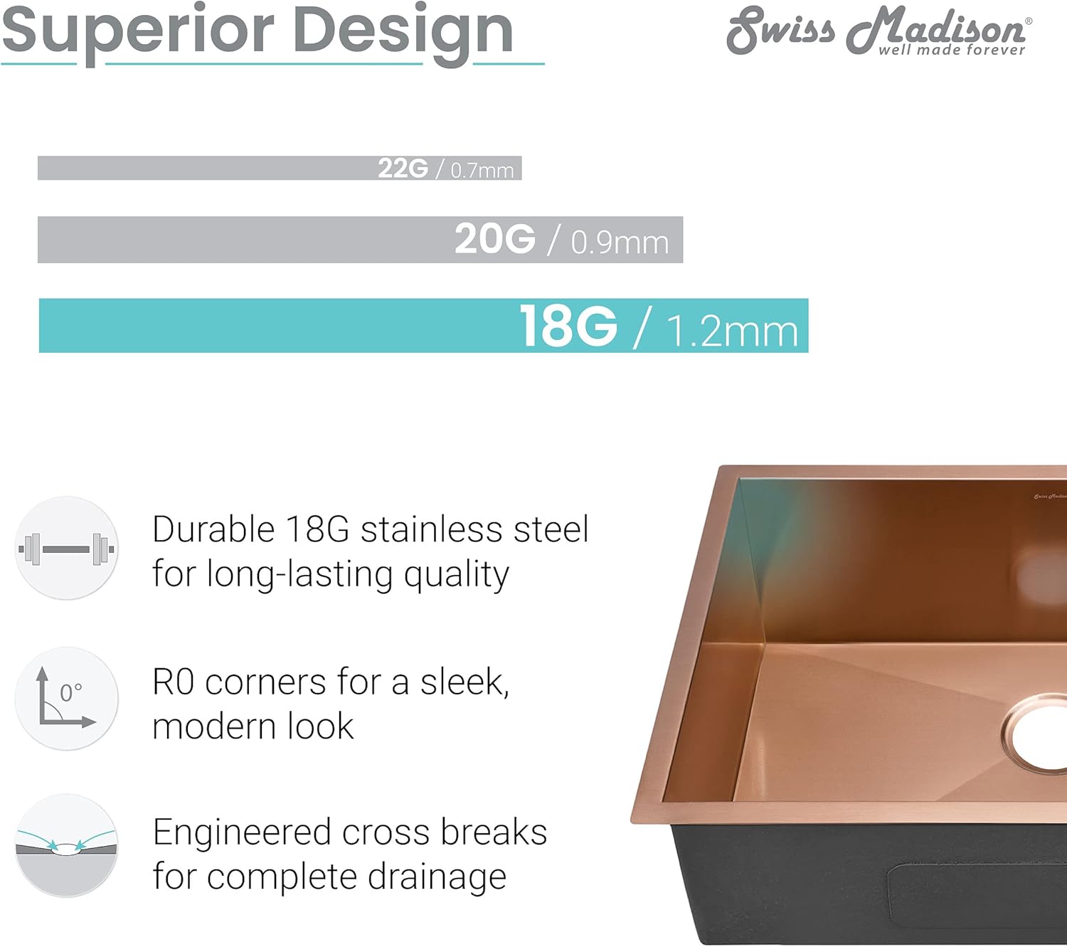 Swiss Madison 27 x 19 Stainless Steel Single Basin Undermount Kitchen Sink in Rose Gold