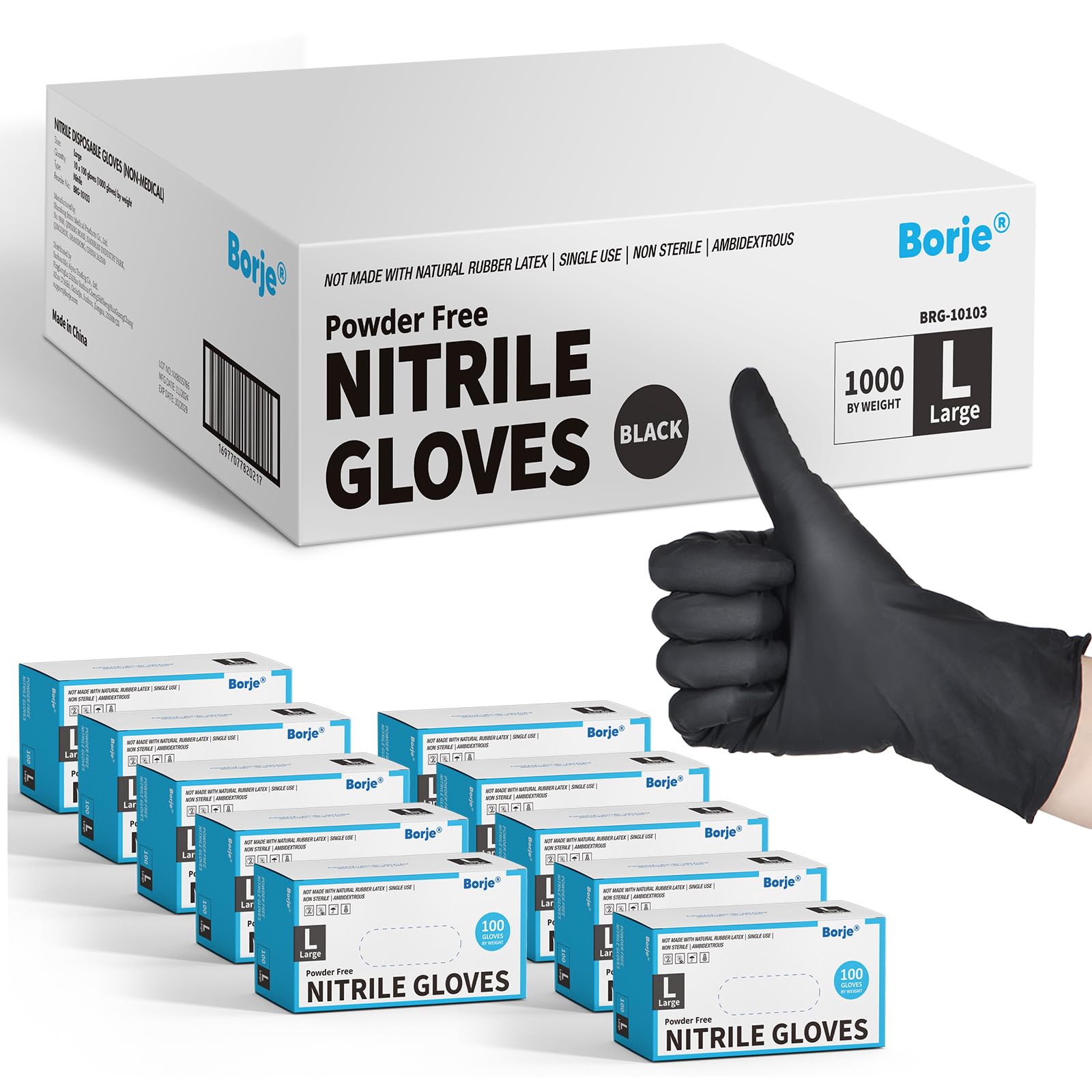 Borje Guantes de nitrilo 1000 piezas desechables negros, sin látex, sin polvo, exámenes médicos, calidad alimentaria, limpieza y cocina