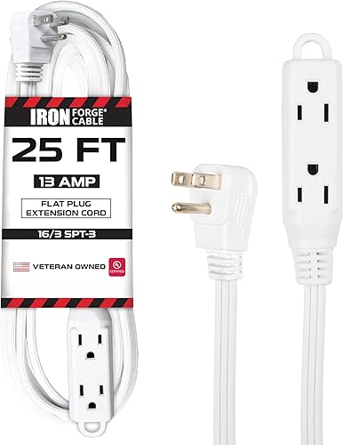 IRON FORGE CABLE Cable de extensión de enchufe plano con 3 tomas, 7.62 m (25 pies), color blanco - Cable de extensión para interior con múltiples