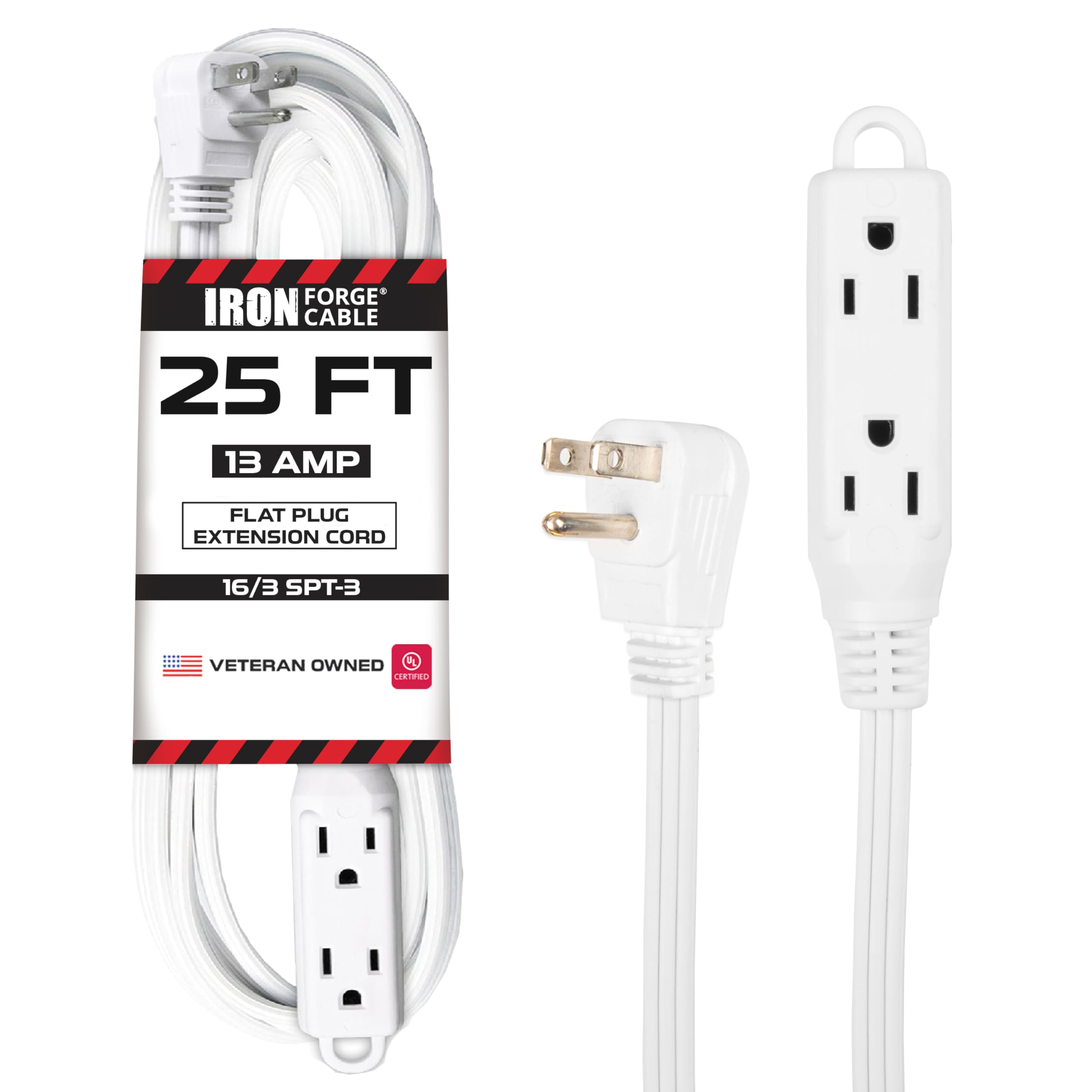 Iron Forge Cable 25 Ft White Extension Cord with 3 Electrical Power Outlet - 16/3 Durable White Cable