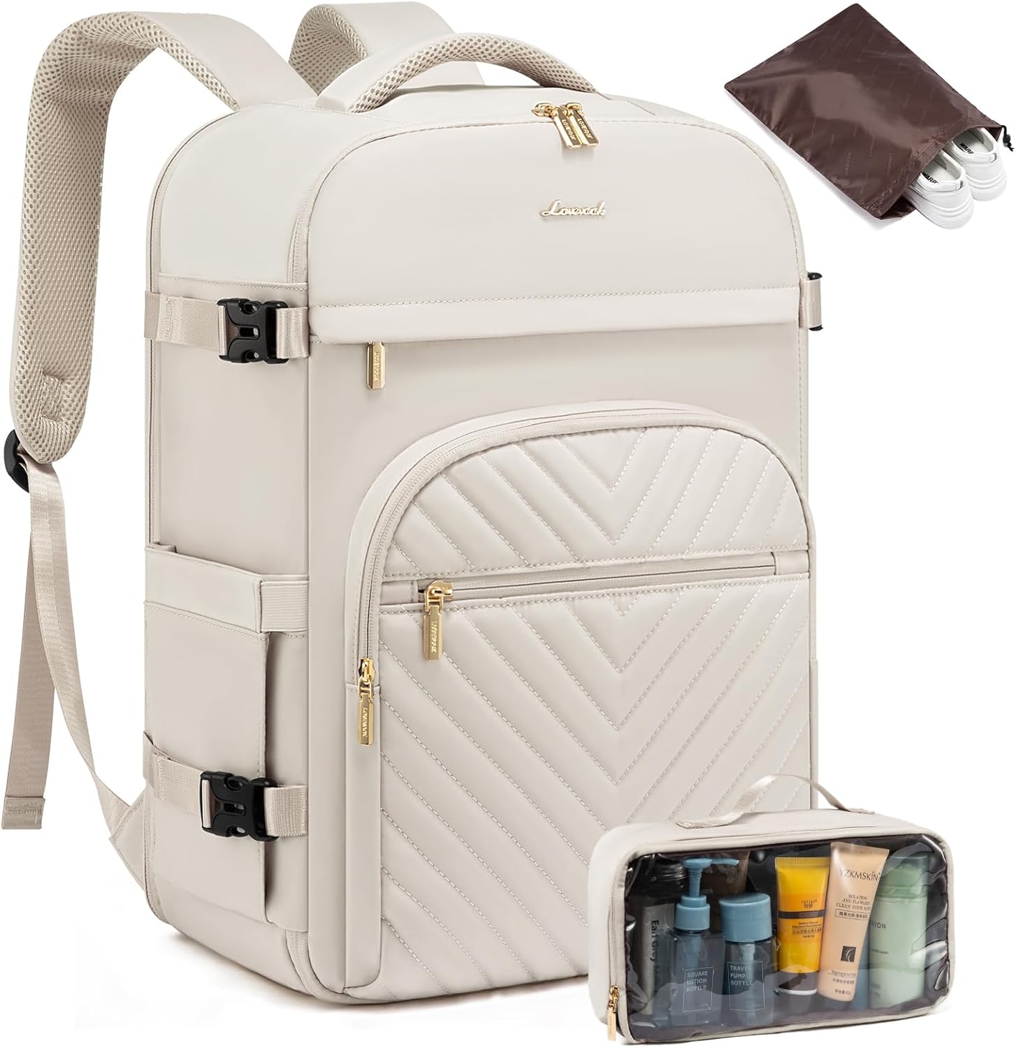 lovevook carry on travel backpack for women, tsa personal item travel bag for airplanes, waterproof carry on bag flight approved 35l daypack with 2 packing cubes, fits 15.6" laptop, beige 35l(3pcs) beige(3pcs)