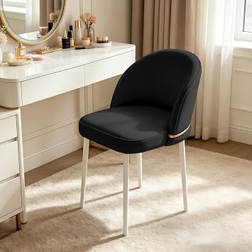 Swivel Vanity Chair No Wheels, Upholstered Armless Desk Chair with Rust-Resistant Metal Legs, Ergonomic Versatile Chair for Bedroom, Office, Dining Room, Black