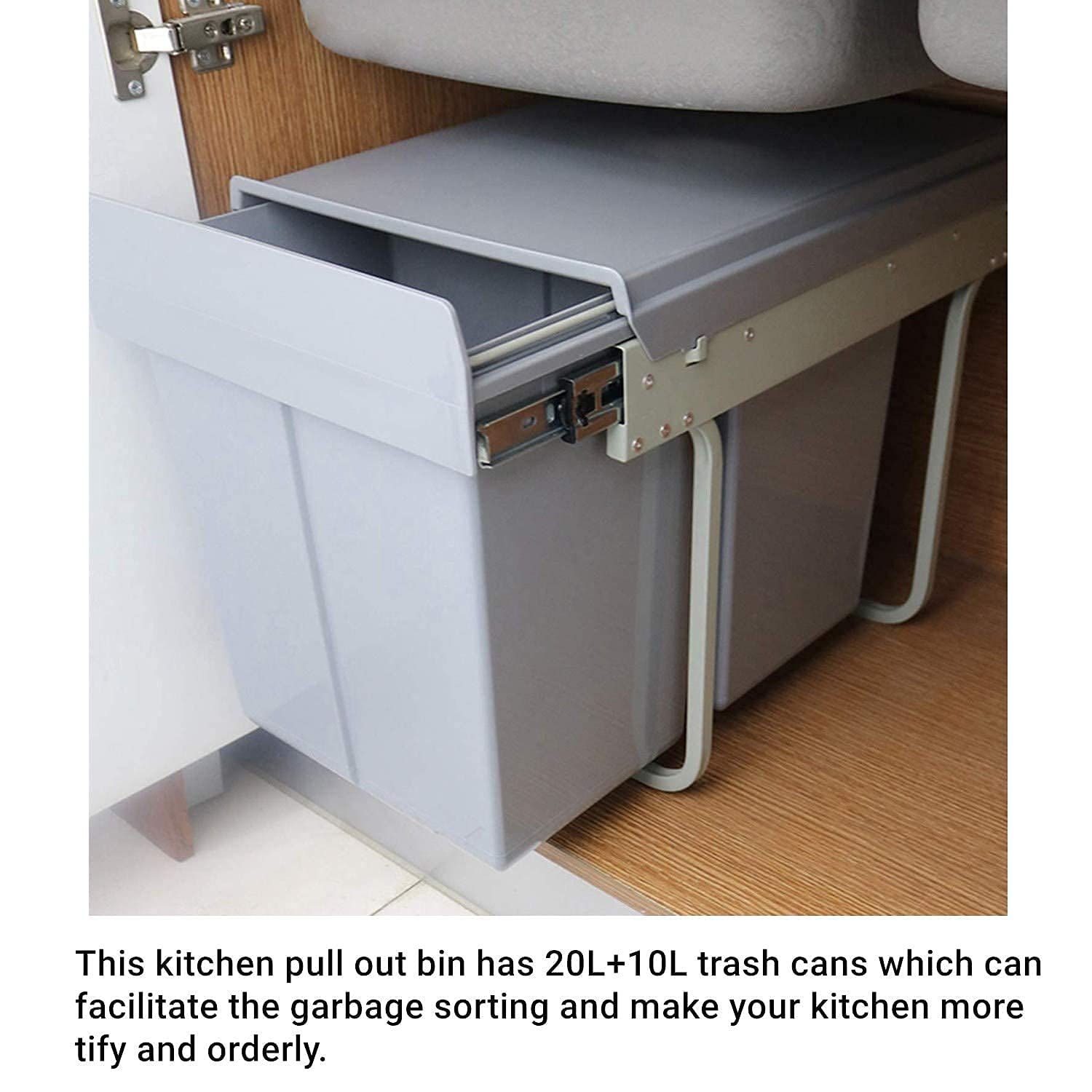 ybaymy Pull Out Kitchen Waste Bin 20L + 10L Recycling Trash Can With Slides and Lid 48 x