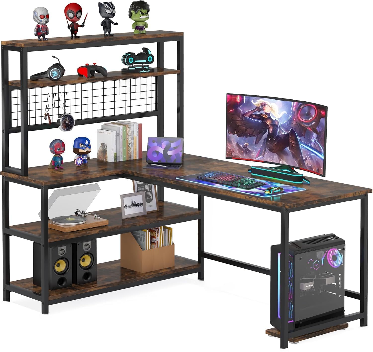 DESKIZIA L Shaped Desk with Tall Bookshelf|Computer Table for Home PC, Gaming, Work from Home|Reversible Corner Workstation with Storage Shelves|Wooden Office Table| DIY|Rustic Brown|140 x 50 x 150 cm