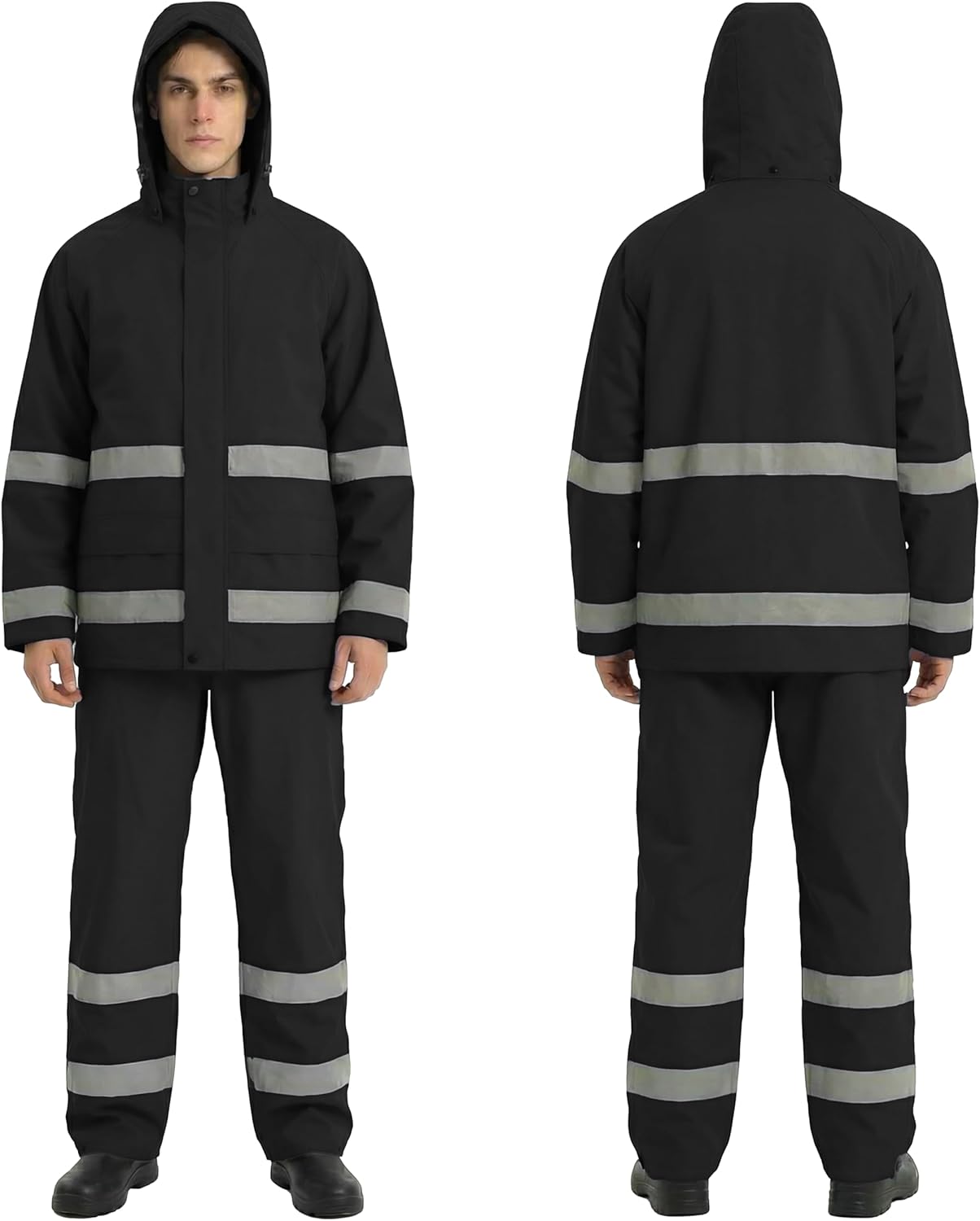 Men’s PRO Hi-Vis Waterproof Workwear Rain Jacket & Bib Pants with Hood, 3-Piece Safety Durable Functional Nylon Oxford Shell