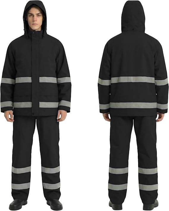 Mens PRO Hi-Vis Waterproof Workwear Rain Jacket & Bib Pants with Hood, 3-Piece Safety Durable Functional Nylon Oxford Shell