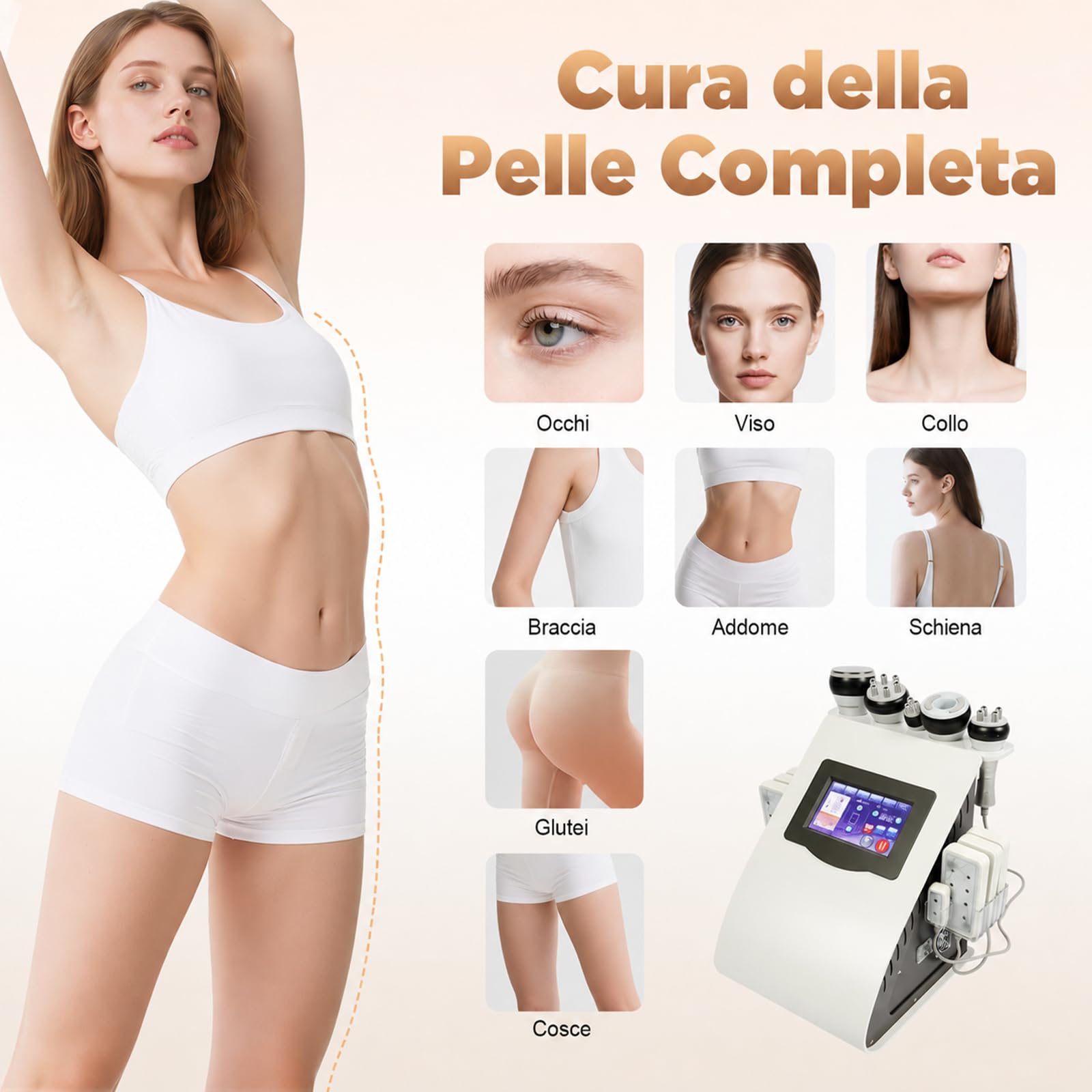 Dispositivo Cavitazione 40K 5 in 1 RF e Vuoto Viso Corpo | Touchscreen da 7 pollici, 100 W, spina UE, 5 testine, 6 piastre luminose e 2 pad per routine estetiche su aree diverse