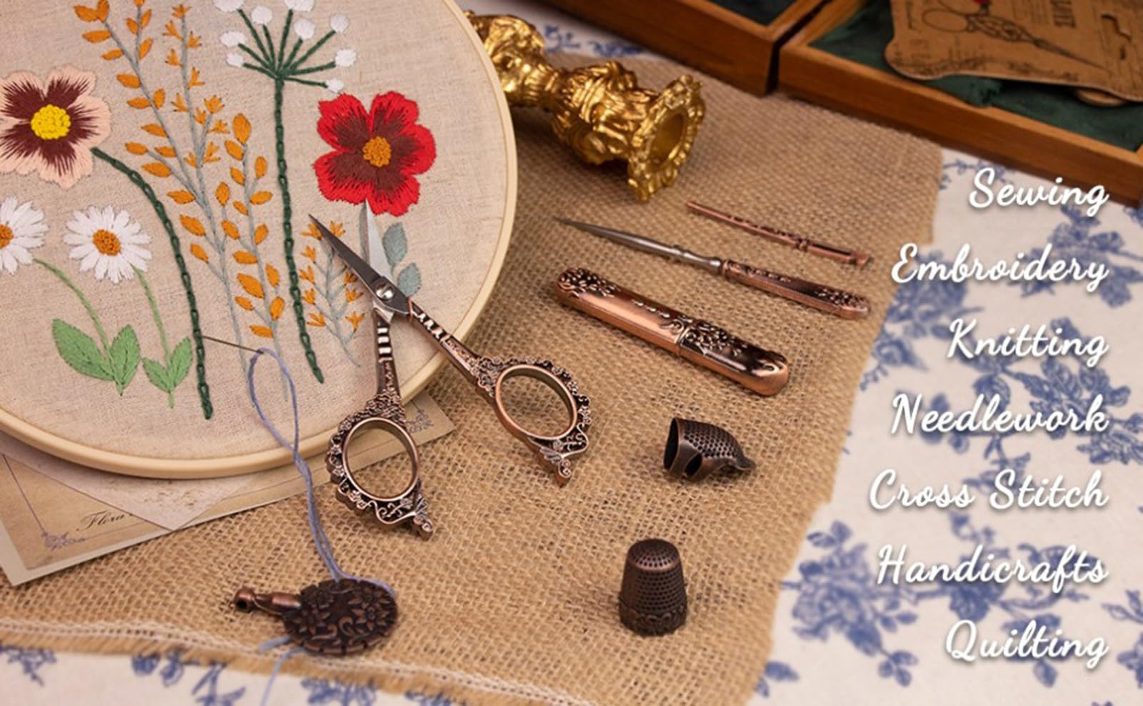SubsOL Vintage-Nähset, komplettes antikes Stickscheren-Set im europäischen Stil, Retro-Näh-DIY-Bastelbedarf mit Nadeln und Scheren(Purple Bronze)