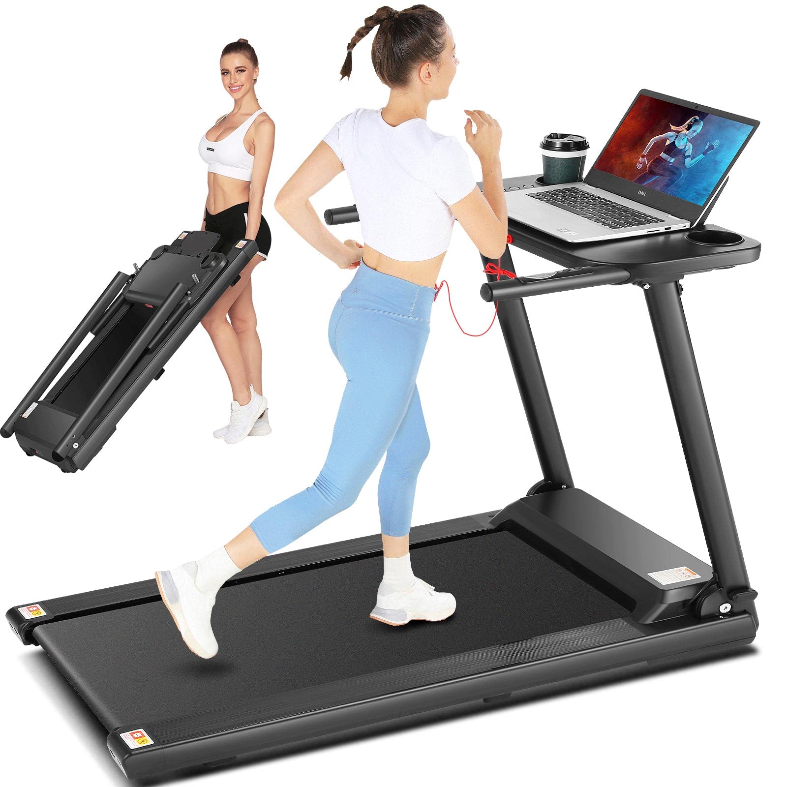 Folding Treadmill Under Desk Electric Treadmill with Large Desktop and Bluetooth Speaker, Walking Jogging Running Machine Easy Assembly, All Black
