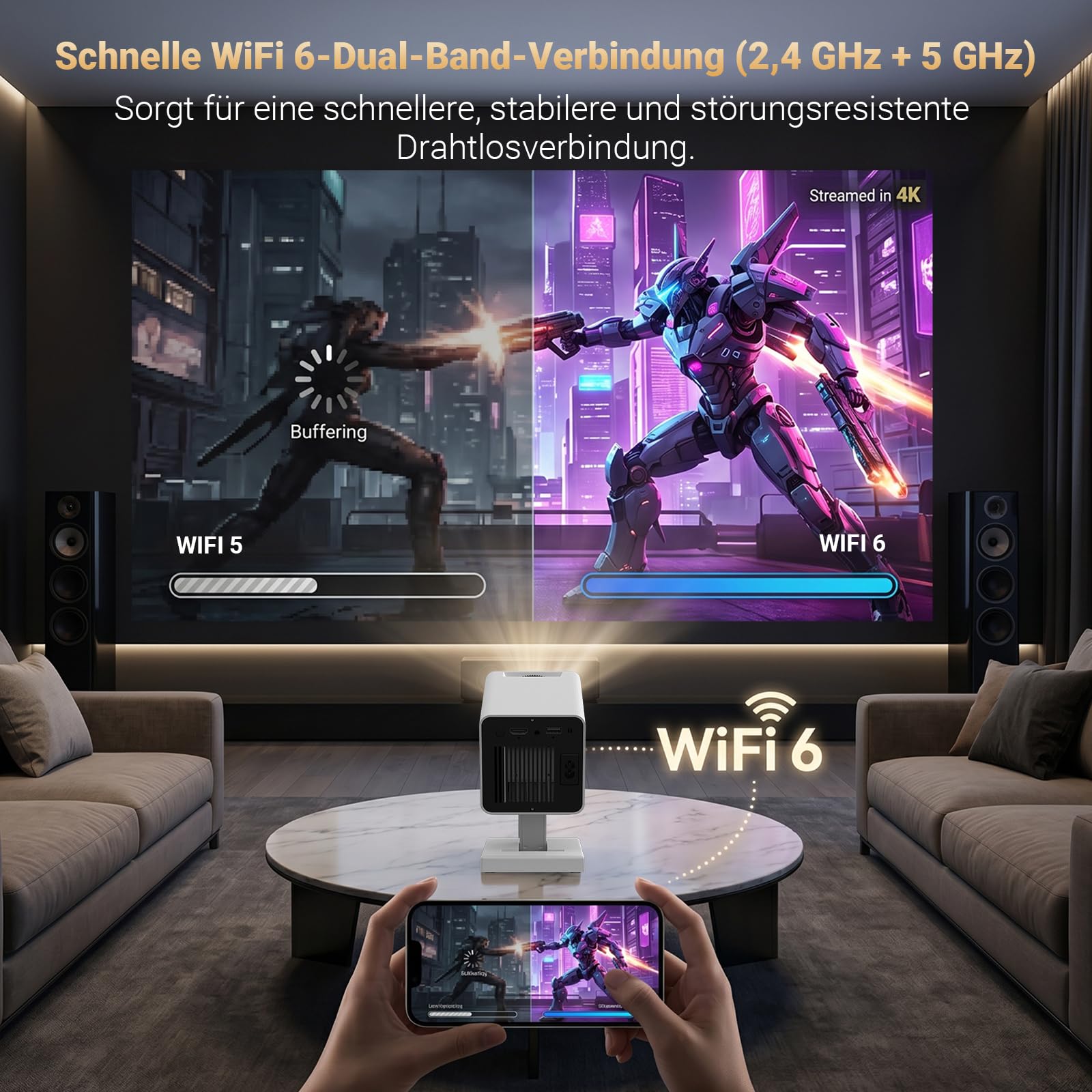 Mini Beamer 4K, Mini Projektor 1080P Unterstützt WiFi 6 BT 5.4, Beamer Klein Projektor mit Eingebaute Apps, Auto Horizontal Trapezoid Correction