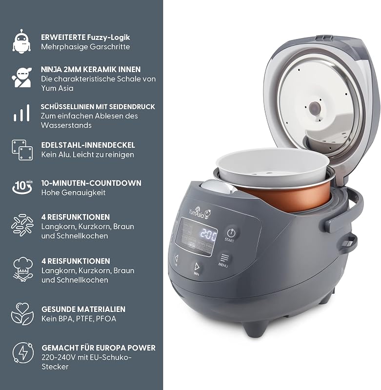 Yum Asia Panda Mini rizsfőző Ninja kerámia edénnyel, 0,63L kapacitás, 8 főzési program, fuzzy logic technológia, 350W, kobalt szürke
