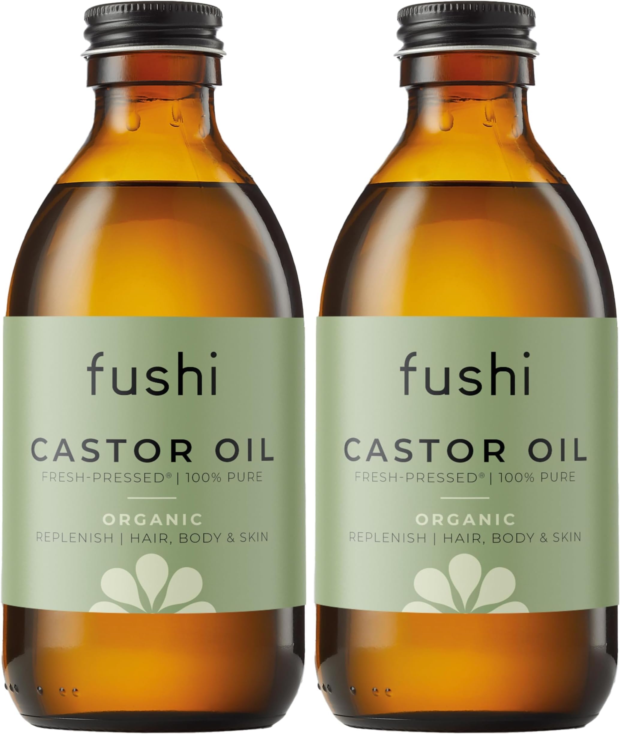 Fushi Organic Castor Oil 250ml 100% Pure Cold & Fresh-Pressed For Dry Skin & Hair Growth, Eyelashes & Eyebrows Hexane Free Natural Food-grade Sustainably Sourced (Pack of 2)