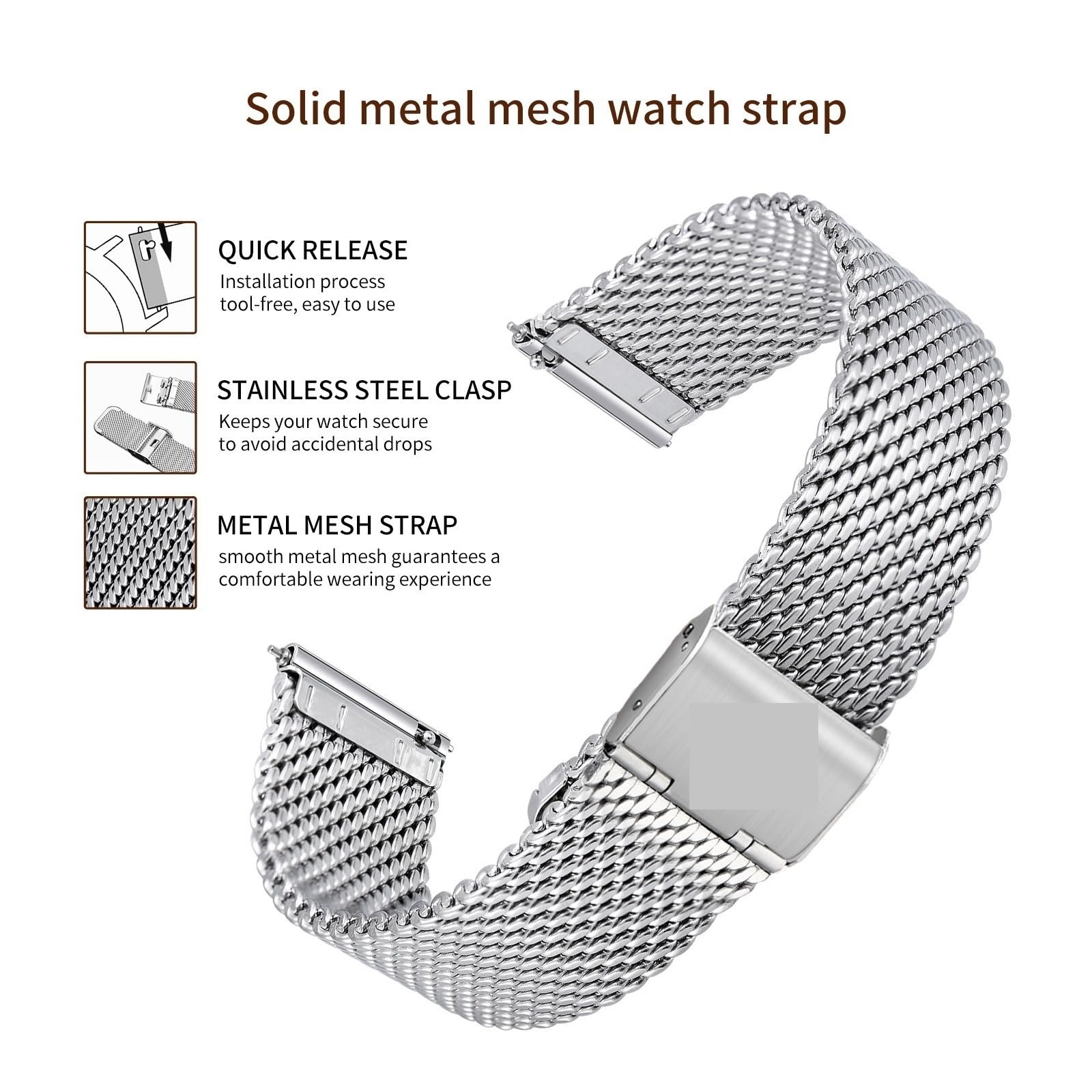 Cinturino per orologio in acciaio inox, maglia metallica a sgancio rapido, cinturino milanese compatibile con chiusura di ricambio, facile da ridimensionare Waterpoof (20 mm)