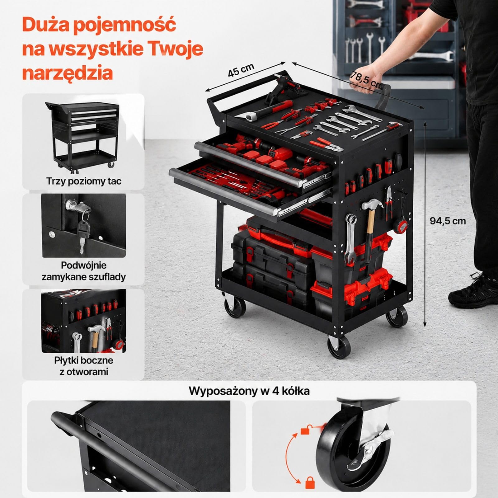 Wózek narzędziowy czarny do warsztatu i transportu