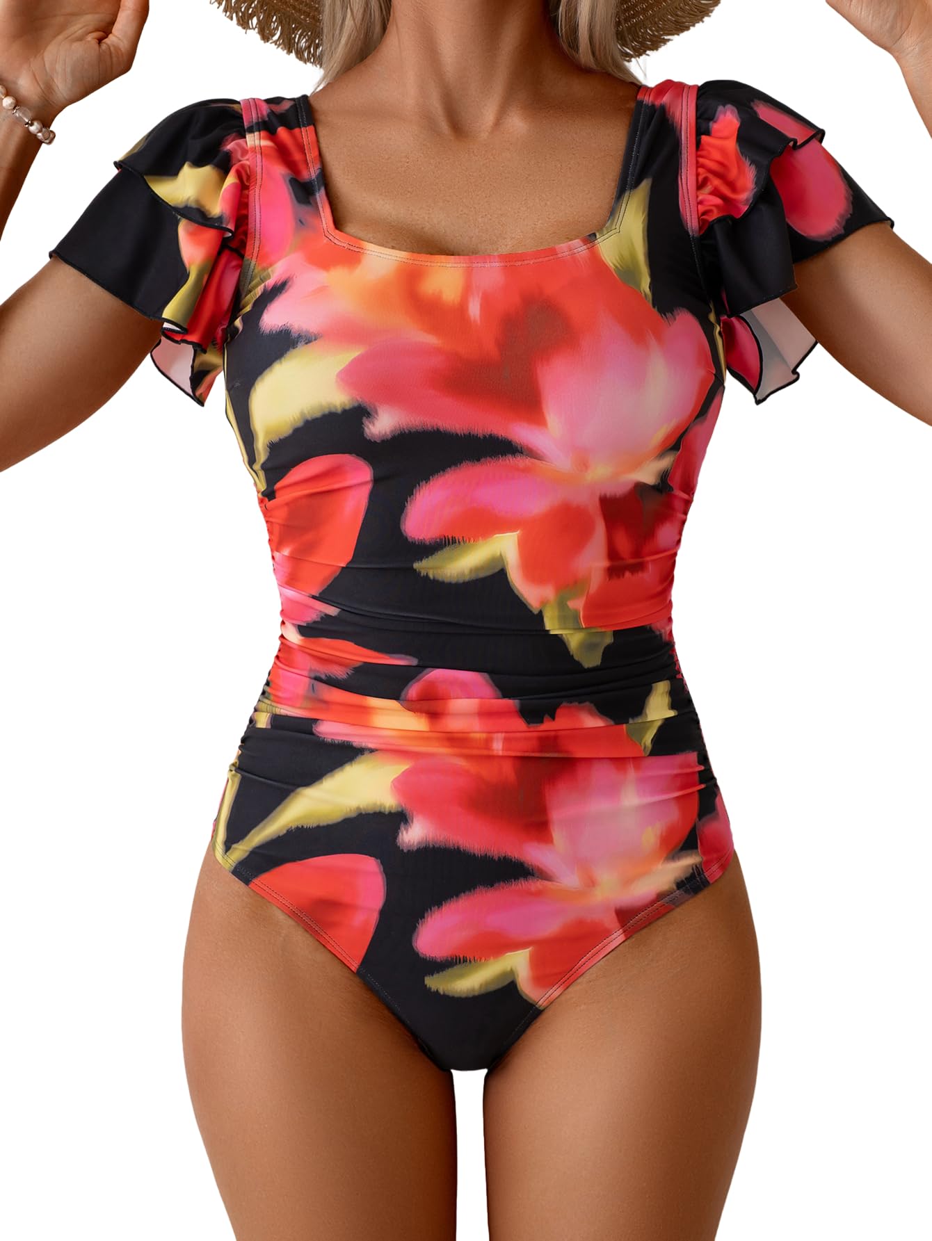 Eomenie Women's Ruffle Sleeve One Piece Swimsuit Tummy Control Bathing Suit | Square Neck, Ruched, Slimming, Modest, Cutout Back, Non-removable Padding