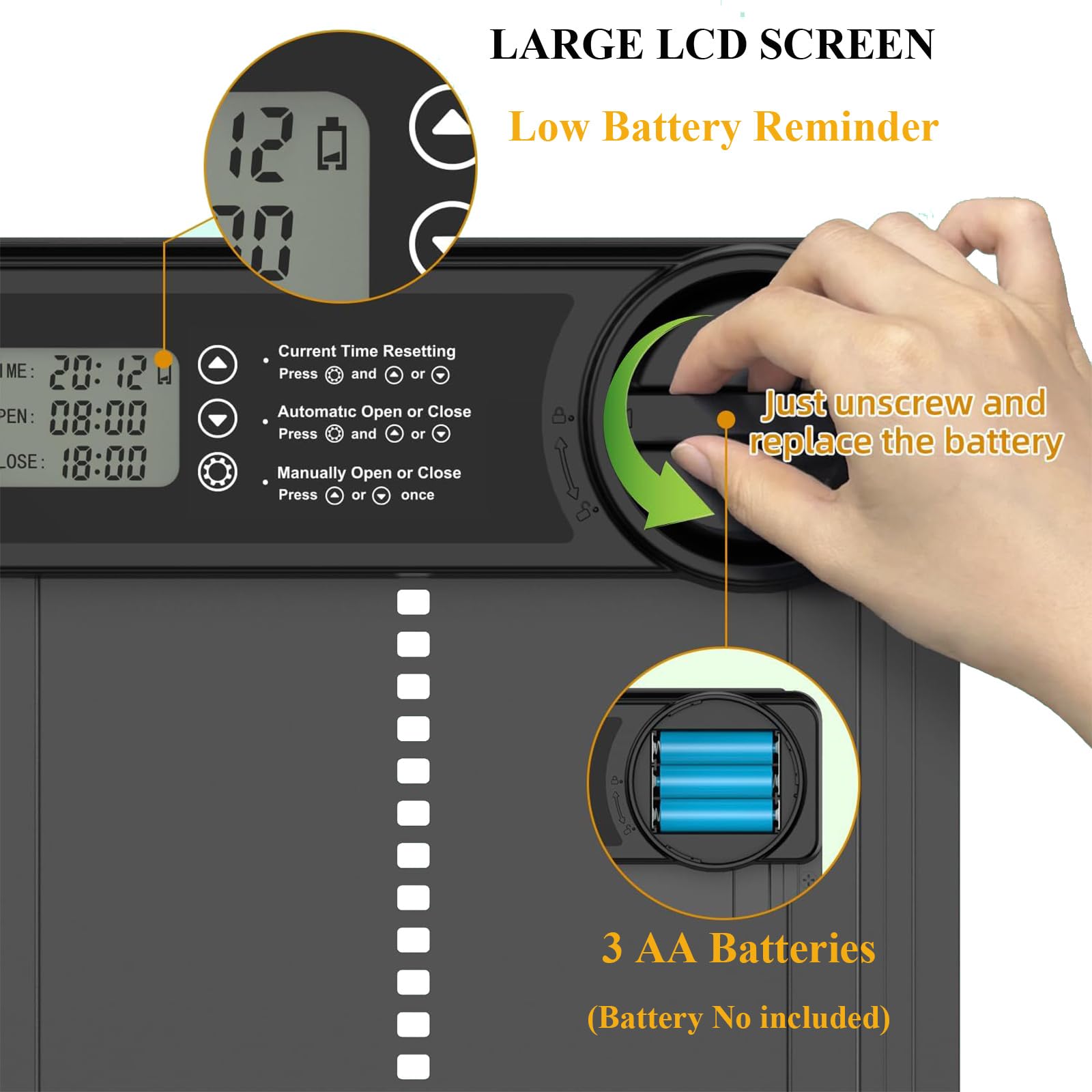 Porta automatica per pollaio, porta automatica per pollo con modalità manuale e timer, alimentata a batteria, display LCD, resistente alle intemperie, anti-pizzico, apriporta elettrico in lega di
