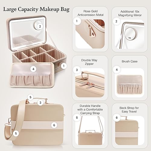 Miniatura 2 de Bolsa de maquillaje de viaje, bolsa de cosméticos, bolsa organizadora de maquillaje con espejo grande iluminado, 3 escenarios de color, brillo