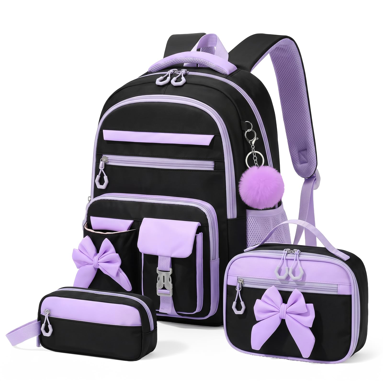 Amythe Schulrucksack Mädchen 3-teilig Kawaii 3.-7. Klasse mit Lunch Tasche Federmäppchen Anti-Diebstahl-Tasche 24L Lila Schwarz