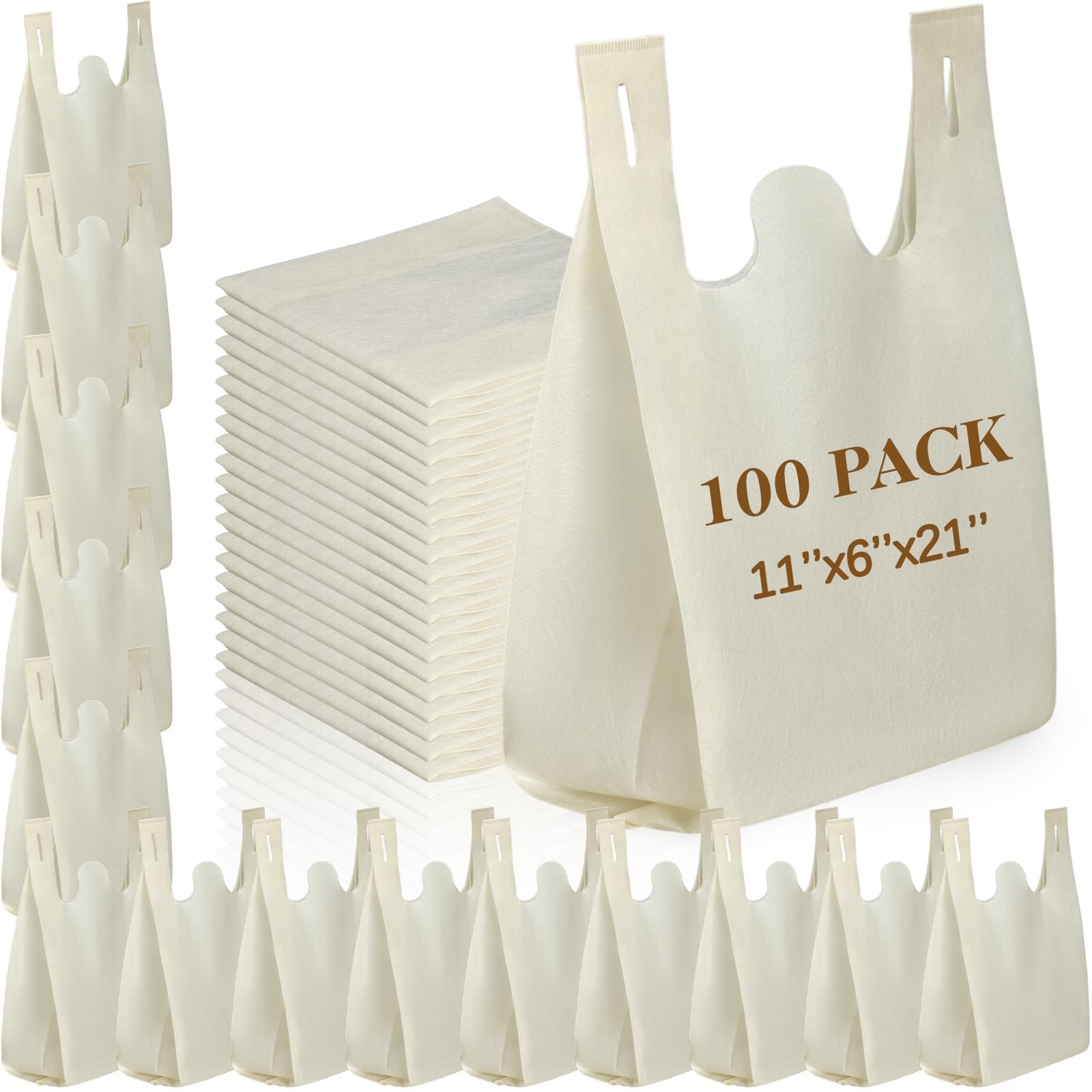 Windyun Large Grocery T-shirt Bags Bulk Reusable Non Woven Shopping Bag Foldable Gift Tote with Handle, 21x11x6 Inch