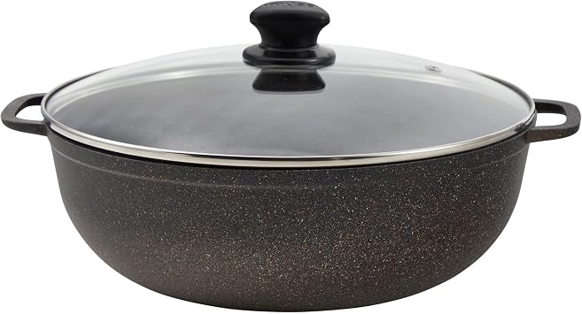IMUSA 3.5 Qt Fuzion Caldero with Speckled Nonstick Coating and Glass Lid, Aluminum Oven Pot with Steam Vent and Side Handles, Black