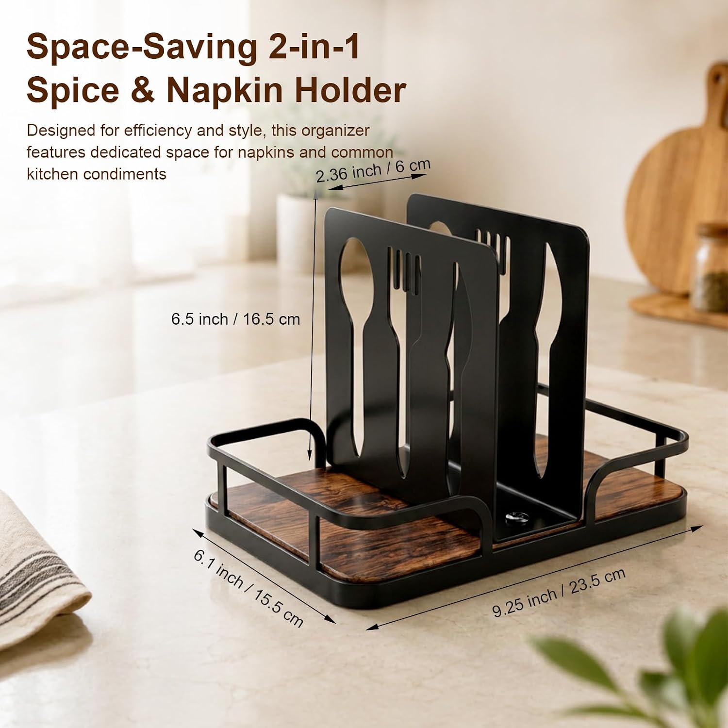 Napkin Holder for Table with Salt and Pepper Shakers Caddy, Farmhouse Kitchen Counter Organizer with Bamboo Base, Dining Table Napkin Holder for Restaurant Home Decor