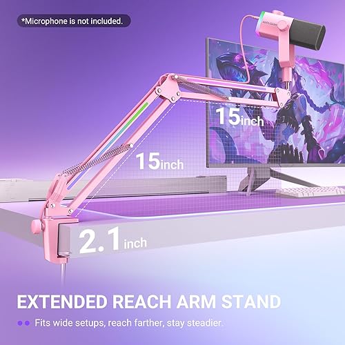 Vista 8 de FIFINE Brazo de brazo de micrófono, soporte de brazo de micrófono ajustable de metal con botón RGB, adaptador de tornillo de 3/8 a 5/8 pulgadas