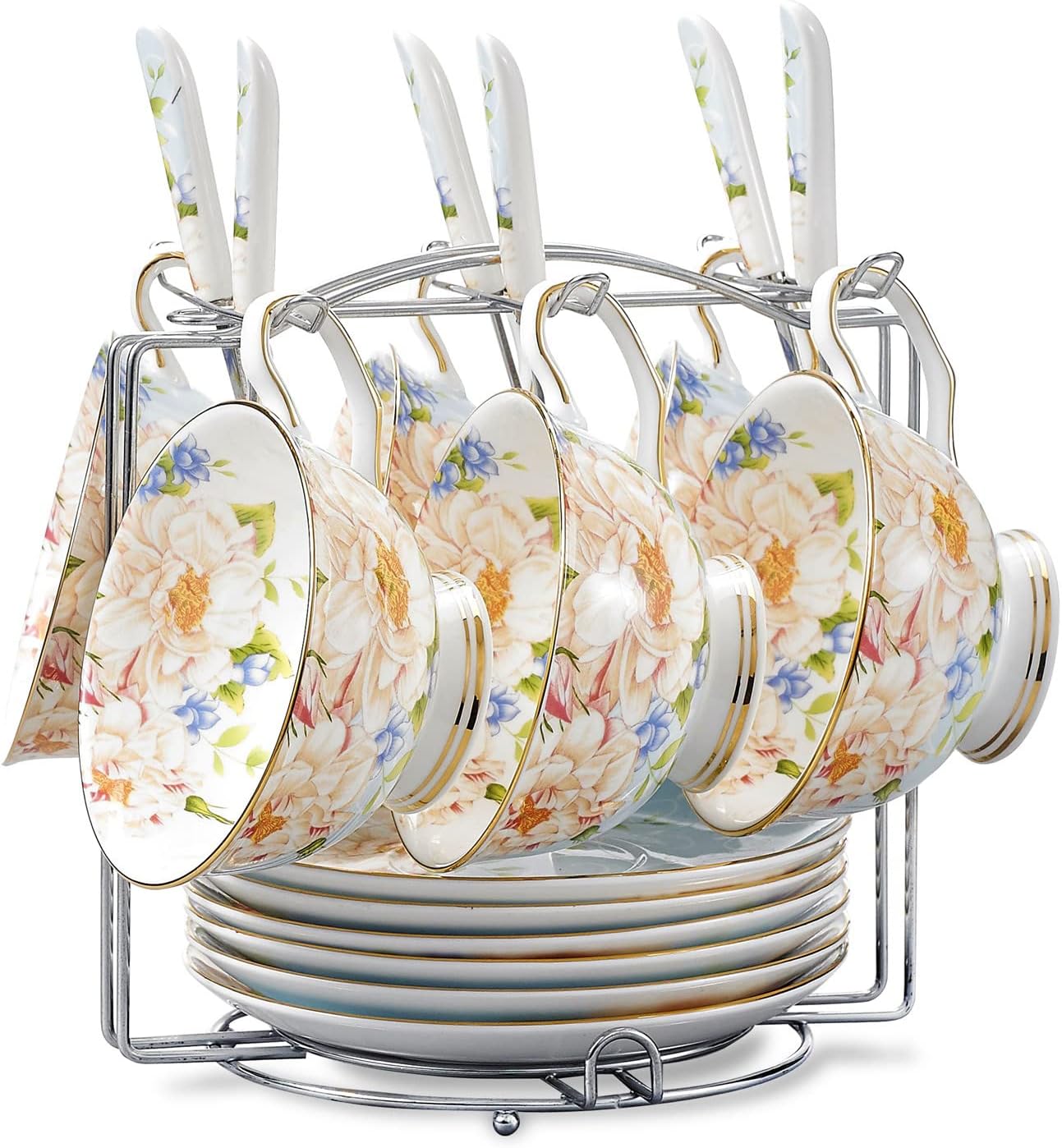 Panbado Bone China 19-Piece Gold Rimmed Coffee Tea Set of Cups Saucers Spoons Set and Silver Metal Holder Service for 6 Person,Mothers Day Gifts(blue)