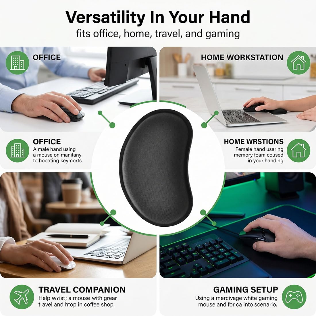 Poggia Polsi per Mouse Memory Foam Ergonomico Nero