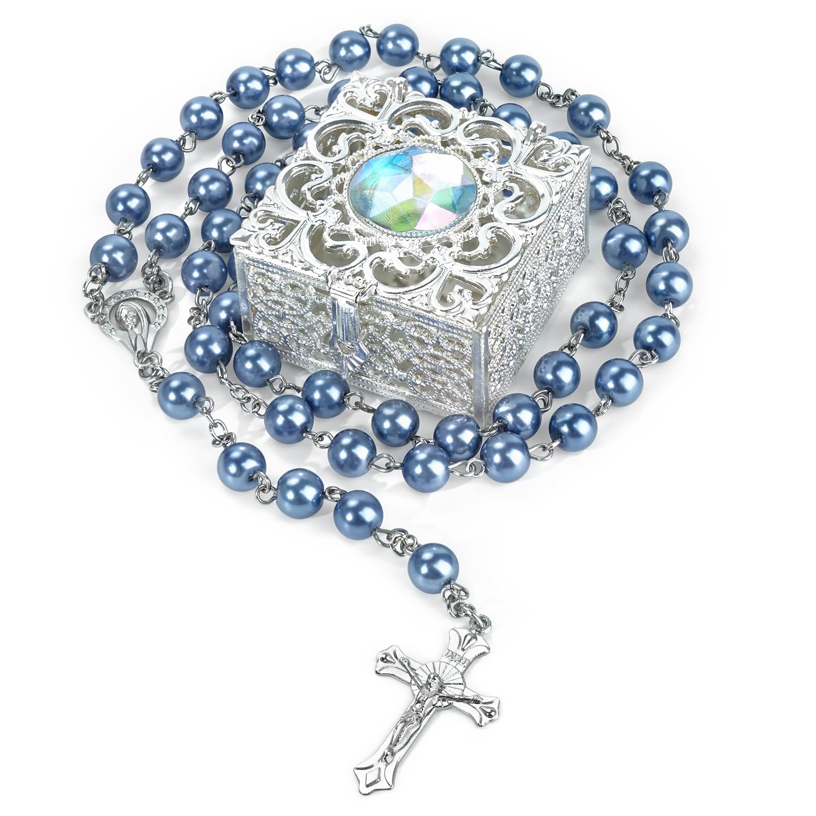 Photo 1 of NCPLYGOU Blue Pearl-Style Rosary Necklace, 8mm Beads, 22 Inch