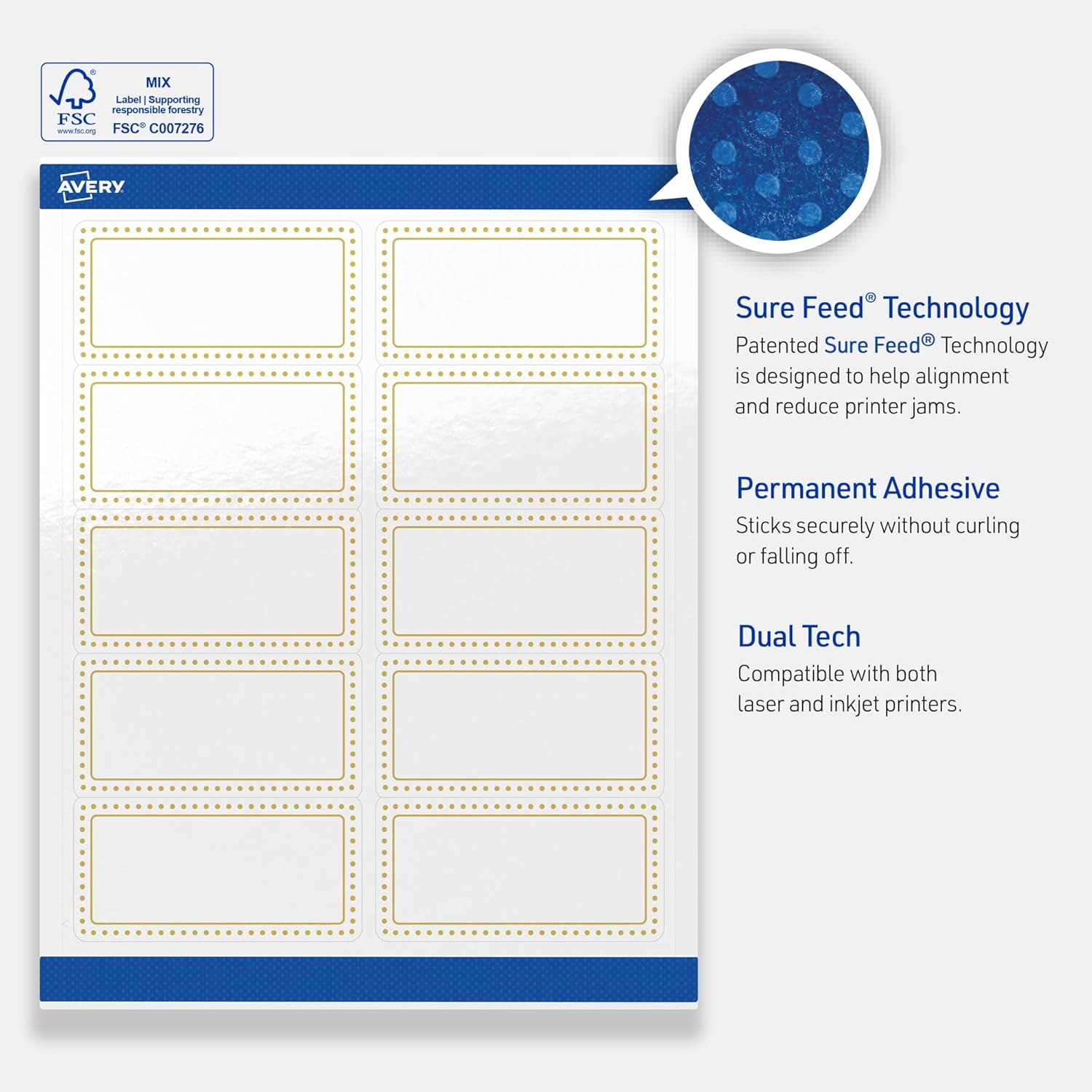 Avery Printable Shipping Labels, 2" x 4", Glossy White with Gold Border Gold Dots Design, Permanent Adhesive, Laser & Inkjet Compatible, 10 Total, Great for Shipping, Branding, and Weddings