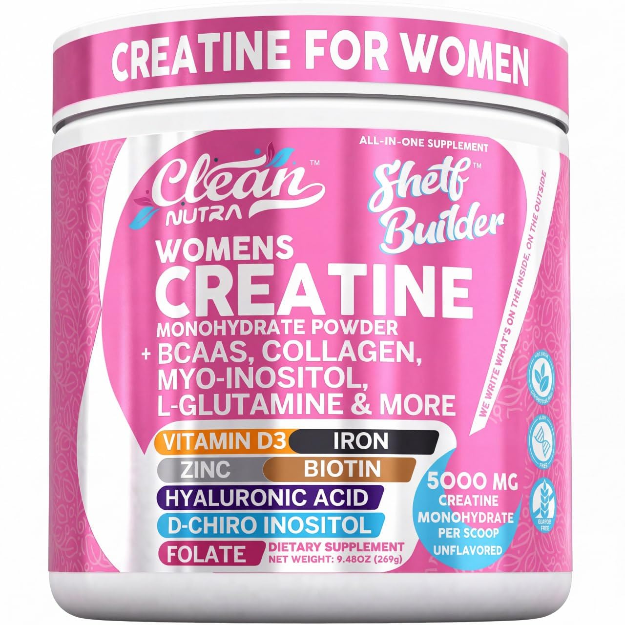 Clean Nutra Womens Creatine Monohydrate Powder Unflavored 5000mg + Collagen, BCAAs, Myo-Inositol, Maca Root, L-Glutamine, Hyaluronic Acid, Folate, Biotin, Zinc & Iron, Vegan, Made in USA, 30 Servings.