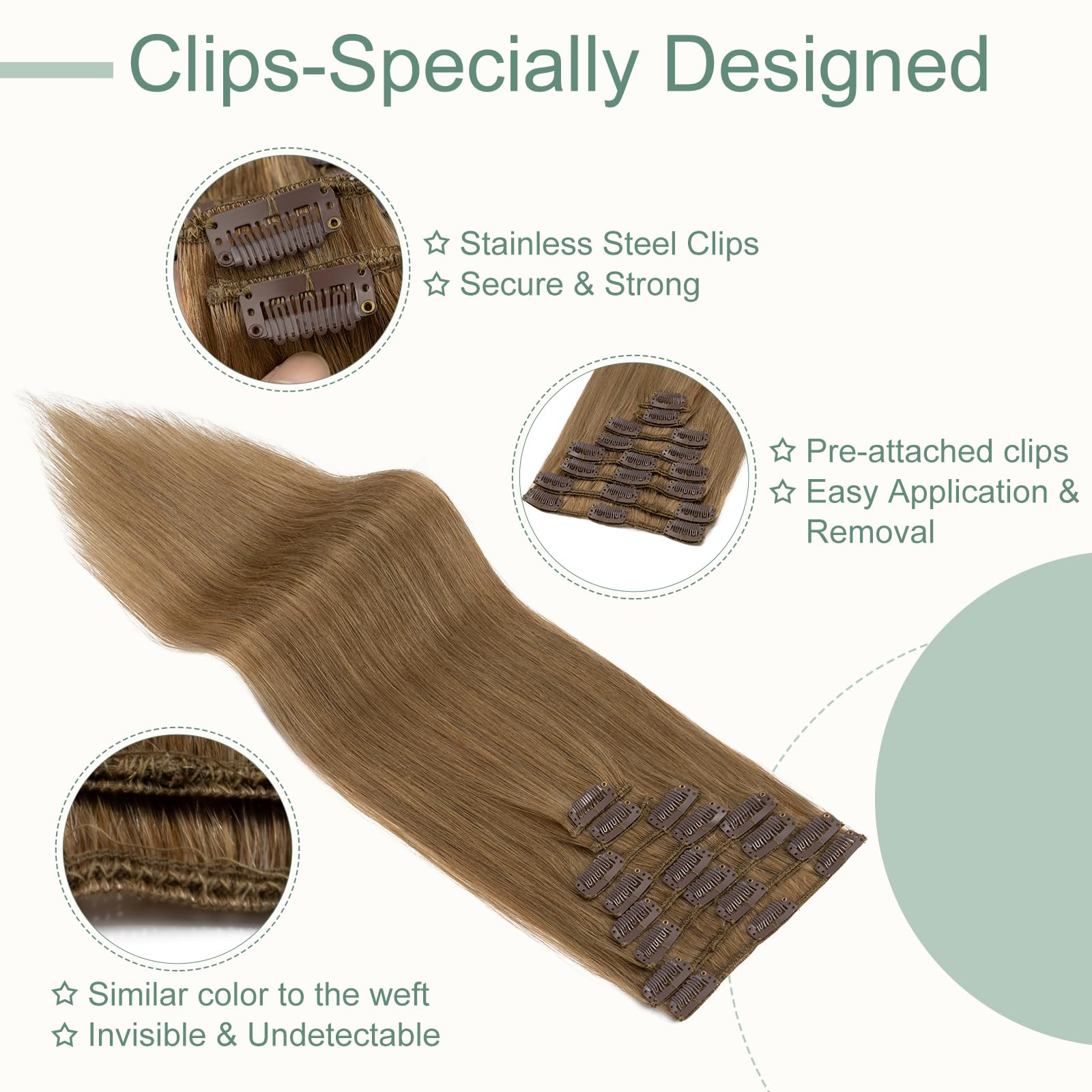 Rich Choices Clip in Hair Extensions Real Human Hair Light Brown 8 Inch Remy Extensions Clip in, 8PCS 45g Invisible Thin Weft - Image 2