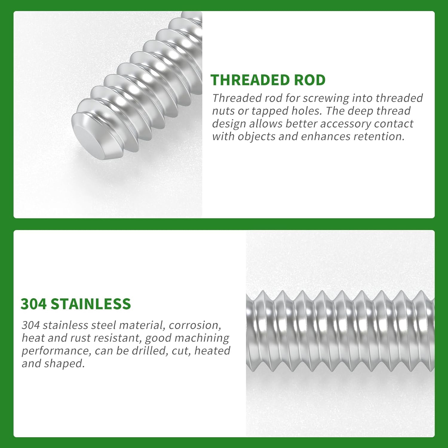 TAISHER 2PCS 304 Stainless Steel Fully Threaded Rod，1/2"-13 Long Threaded Screw 12" Length Right Hand Threads