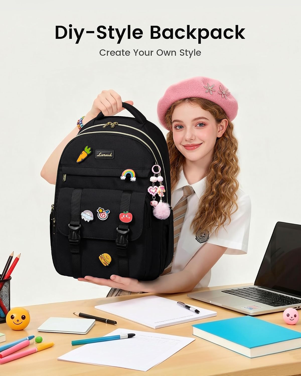 LOVEVOOK School Backpack for Teen Girls,Student Backpack Fits 15.6 Inch Laptop with Large Tumbler Pocket,Cute Kid Bookbag for 8-14 Teenage Back to School Gifts Daypack for Girl,Black